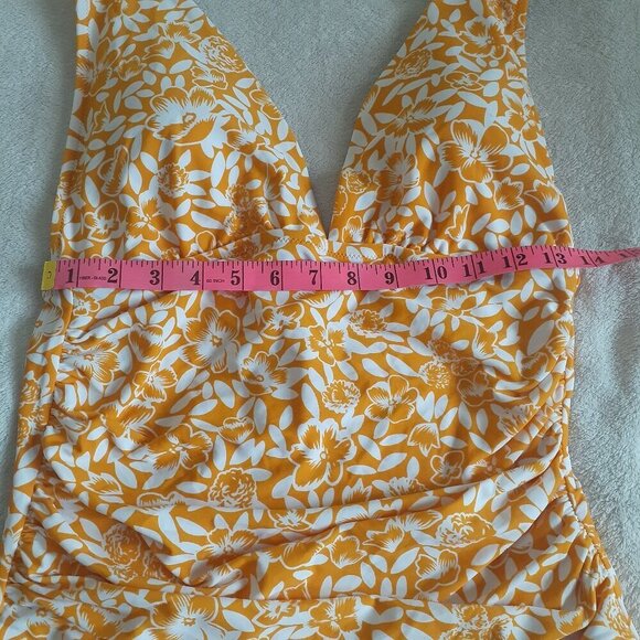 J. Crew Factory NWT Women's Large Orange Floral V-neck Ruched One Piece Swimsuit - Picture 13 of 15